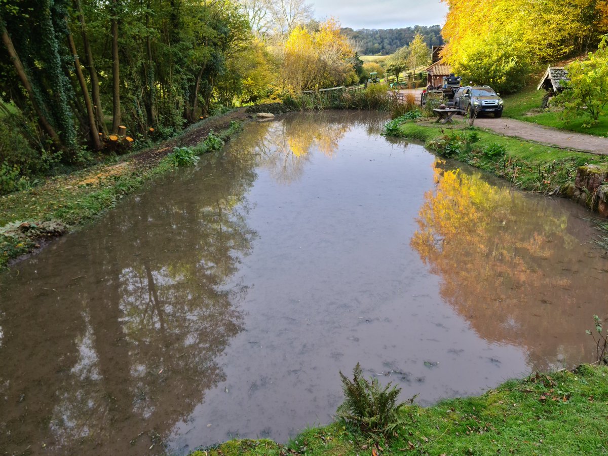 Before and after photos of a small pond that had become clogged with reed and silt. After a few days the brown colour of the water will clear as it settles. #aquaclearbanda