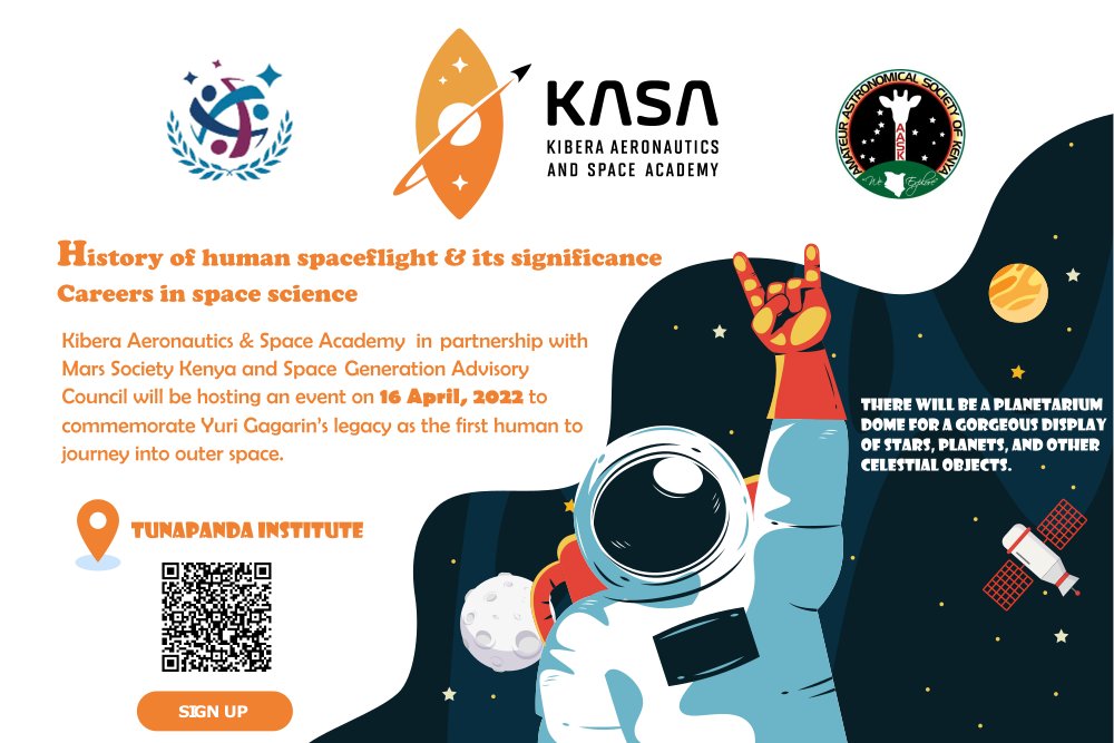 KiberaSpace's tweet photo. On 12 April, the space community commemorates the day the 1st human launched into outer space with a remarkable event called #YurisNight. This year, in partnership with @SGAC, @marssocietykenya, &amp; @AmateurKenya, we shall be celebrating the event on 16 April in Kibera. Sign up 👇 https://t.co/zUYhXfb6oC