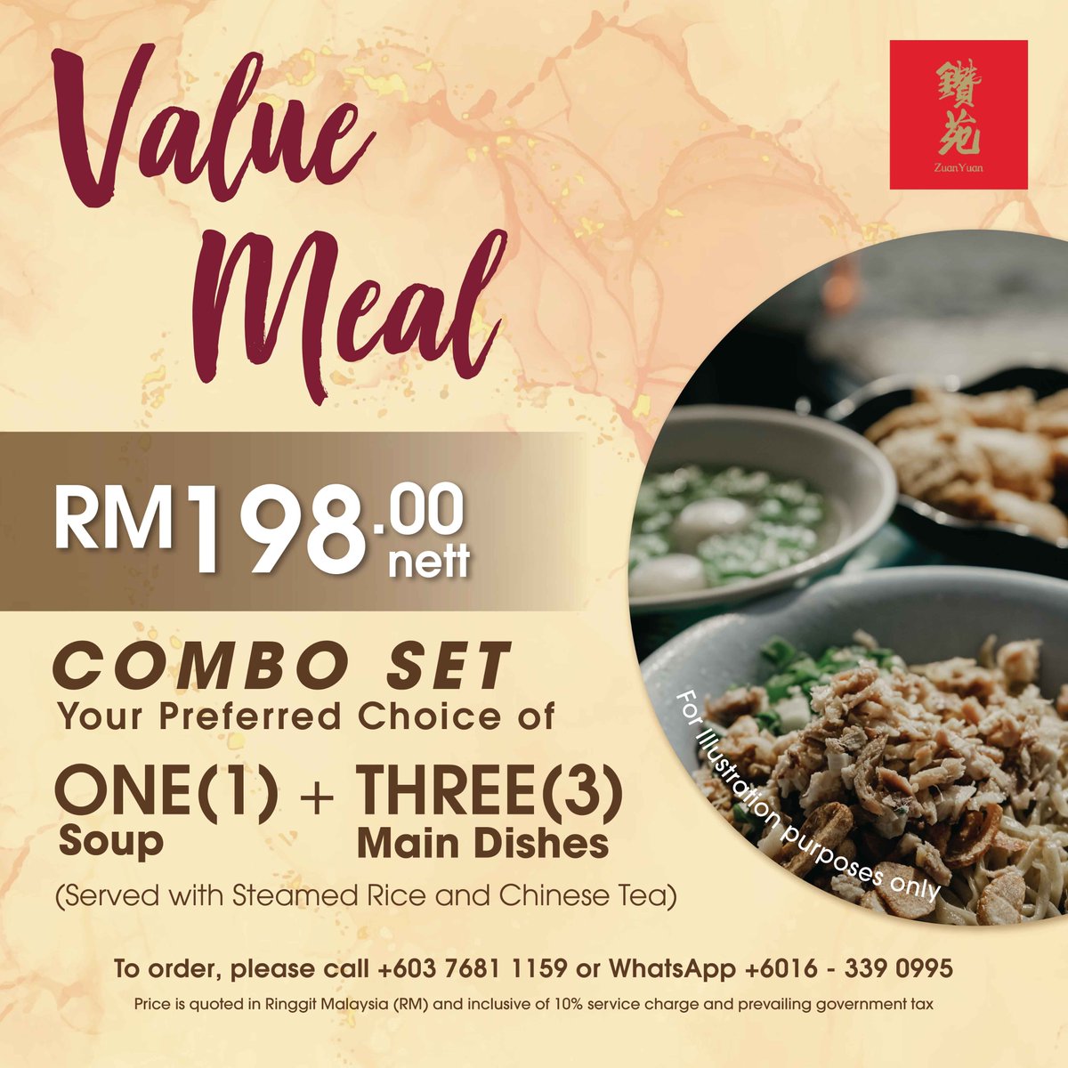 Treat your friends and family to a hearty value meal at Zuan Yuan Chinese Restaurant and create your own preferred combo meal for a table of 4

For reservations or more information, please call +603 7681 1159 or WhatsApp +6016-339 0995

#oneworldhotel