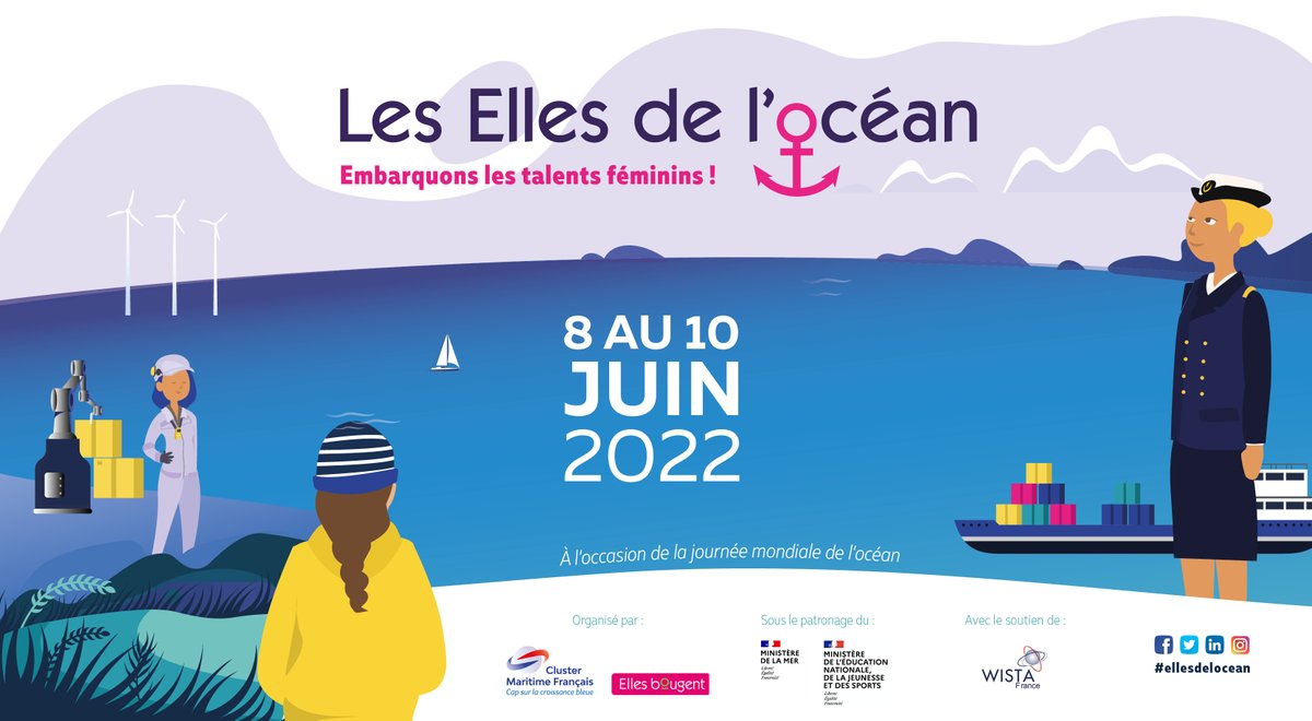 [#LesEllesDesOcéans] 
C’est le lancement des inscriptions pour la 4e édition des Elles des Océans, organisée en partenariat avec le <a href="/ClusterMaritime/">Cluster Maritime Français</a> qui aura lieu du 8 au 10 juin 2022!
Comment participer ? ⬇️