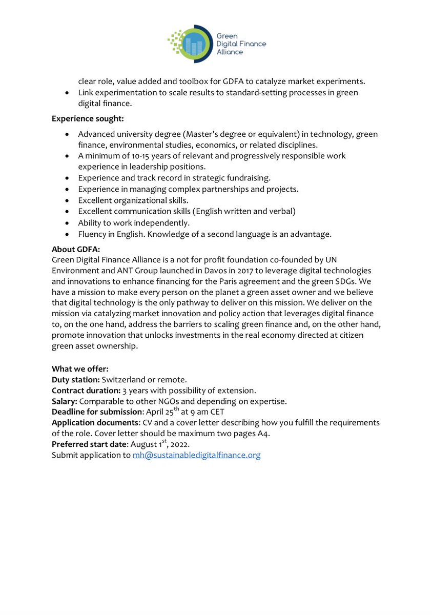 Join our team!

We are looking for an Executive Director starting August 1st, 2022.

#greendigitalfinance #marketinnovation