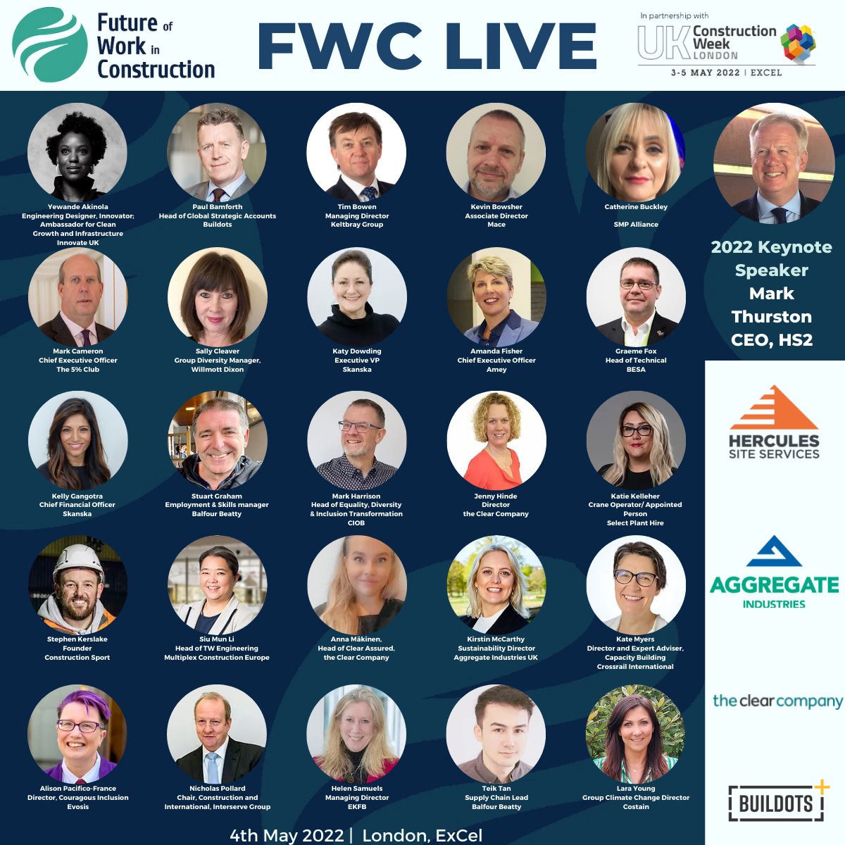 The FWC Live Forum takes place 4 May 22, and as you can see we have an impressive line-up of speakers!

Check out the full programme: futureofworkinconstruction.com/2022-programme

Our amazing sponsors:
<a href="/hercules_plc/">Hercules PLC</a>
@AggregateUK
<a href="/theClearCo/">The Clear Company</a>
<a href="/buildots/">Buildots</a> 

Book your place now: futureofworkinconstruction.com