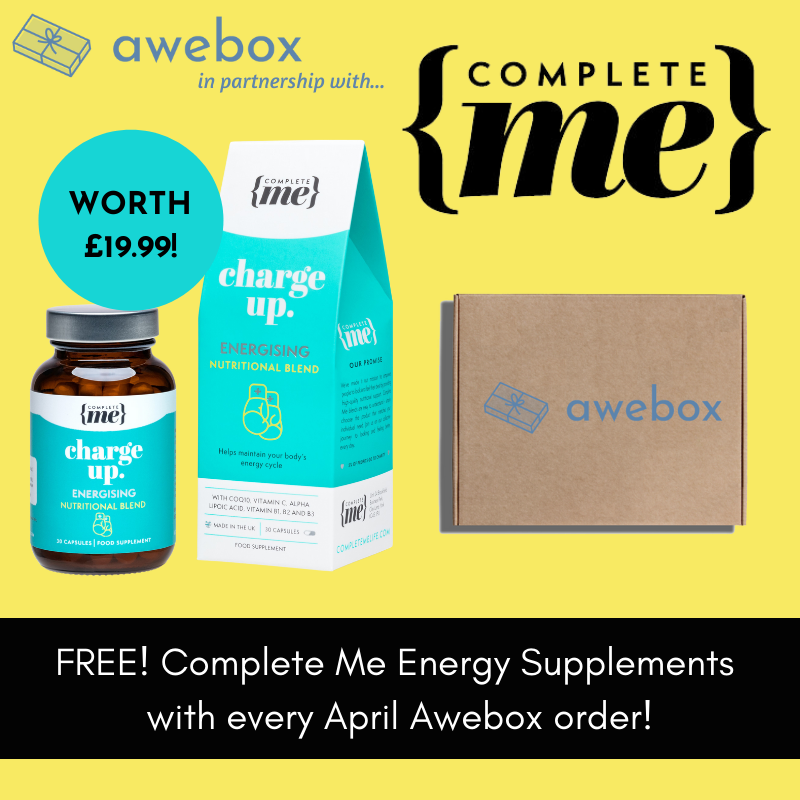 AweboxUK's tweet photo. FREE! Energy Health Supplements worth £19.99 with every April Awebox order! Order at https://t.co/C9oaF5GY3e and try Complete Me's Charge Up health supplements today! #completeme #chargeupsupplements #supplementsthatwork #awebox #freebie https://t.co/UFRNdc5idI