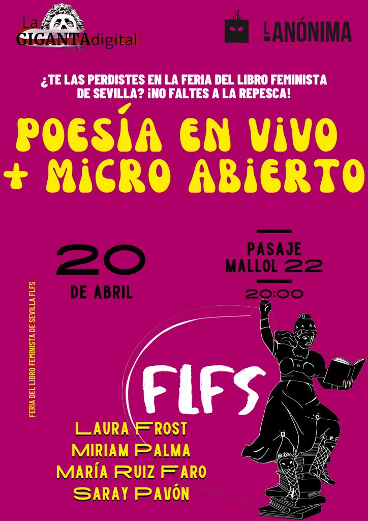 flfs_2023's tweet photo. El 19 y el 20 de abril tenemos dos actividades en #Lanónima a las 20:00 (calle Pasaje Mallol, 22).
El 19 de abril tenemos #encuentro con #fanzineras. Y el 20 de abril, #poesíaenvivo de Laura Frost, Miriam Palma, María Ruiz Faro y Saray Pavón + #microabierto ¿Te apuntas? #FLFS https://t.co/jftZ4jXURL