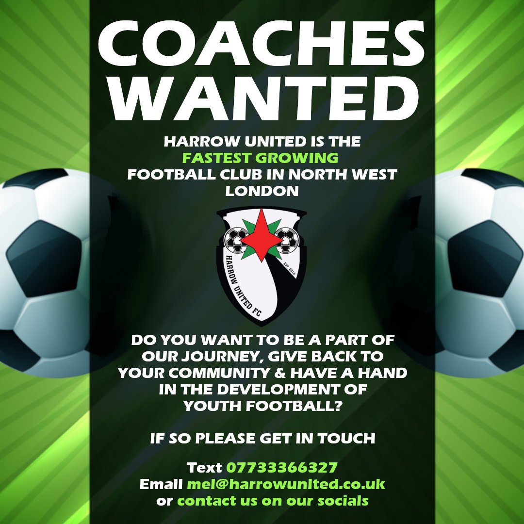 HarrowUnitedFC's tweet photo. We're looking for coaches! If you're interested please get in touch ⚽
#Coaching #CoachingVacancy #FootballCoaching https://t.co/HhXQfHvg5e