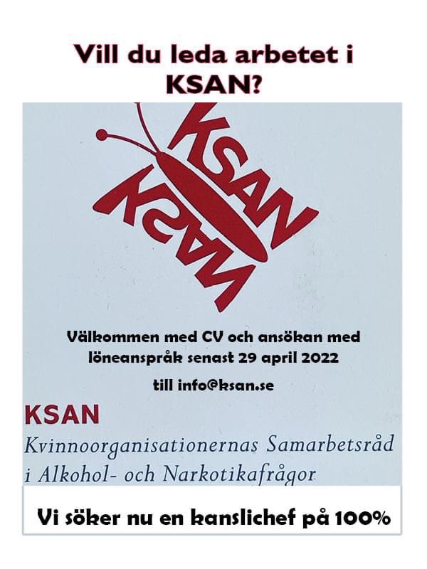 KSAN söker nu en kanslichef på 100%!
KSAN är de svenska kvinnoorganisationernas samarbetsorgan för frågor som berör alkohol och andra beroendeframkallande medel.
KSAN söker dig som med stort engagemang…
Läs hela arbetsbeskrivningen här:
ksan.se/aktuellt/874-k…