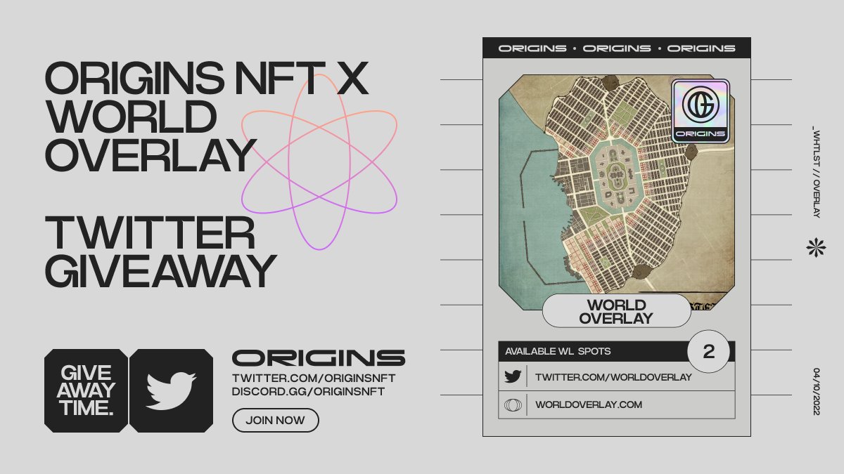 Origins x World Overlay

Calling out adventurers! 
Giving away 2 WL spots!

Bringing hyper-realistic virtual worlds with strong emphasis on immersive lore &amp; story-driven narratives 🔮

First drop: 5,375 Land parcels

🌎 Follow <a href="/OriginsNFT/">Origins</a> <a href="/worldoverlay/">World Overlay Studios</a>
🌎 ♥️ &amp; RT
🌎 Tag 3 friends
