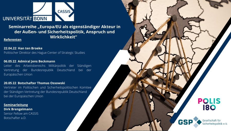 JungeGSP-Bonn (@jgsp_bonn) on Twitter photo Seminarreihe:
🇪🇺Europa als eigenständiger Akteur in der Außen- u Sicherheitspolitik
Präsentiert von <a href="/polis180/">Polis180</a>, <a href="/CASSIS_Bonn/">CASSIS Bonn</a>, <a href="/JGSP_Bonn/">JungeGSP-Bonn</a>
🗓️ Auftakt am 22. April 2022 mit <a href="/HanTenBroeke/">Han ten Broeke</a> (<a href="/hcssnl/">HCSS - The Hague Centre for Strategic Studies</a>)
🕓 von 16:00 - 18:00 Uhr
🏰 HS10 der <a href="/UniBonn/">Rheinische Friedrich-Wilhelms-Universität Bonn</a>
⏺️ Infos: t1p.de/6v20 Seminarreihe:
🇪🇺Europa als eigenständiger Akteur in der Außen- u Sicherheitspolitik
Präsentiert von <a href="/polis180/">Polis180</a>, <a href="/CASSIS_Bonn/">CASSIS Bonn</a>, <a href="/JGSP_Bonn/">JungeGSP-Bonn</a>
🗓️ Auftakt am 22. April 2022 mit <a href="/HanTenBroeke/">Han ten Broeke</a> (<a href="/hcssnl/">HCSS - The Hague Centre for Strategic Studies</a>)
🕓 von 16:00 - 18:00 Uhr
🏰 HS10 der <a href="/UniBonn/">Rheinische Friedrich-Wilhelms-Universität Bonn</a>
⏺️ Infos: t1p.de/6v20
