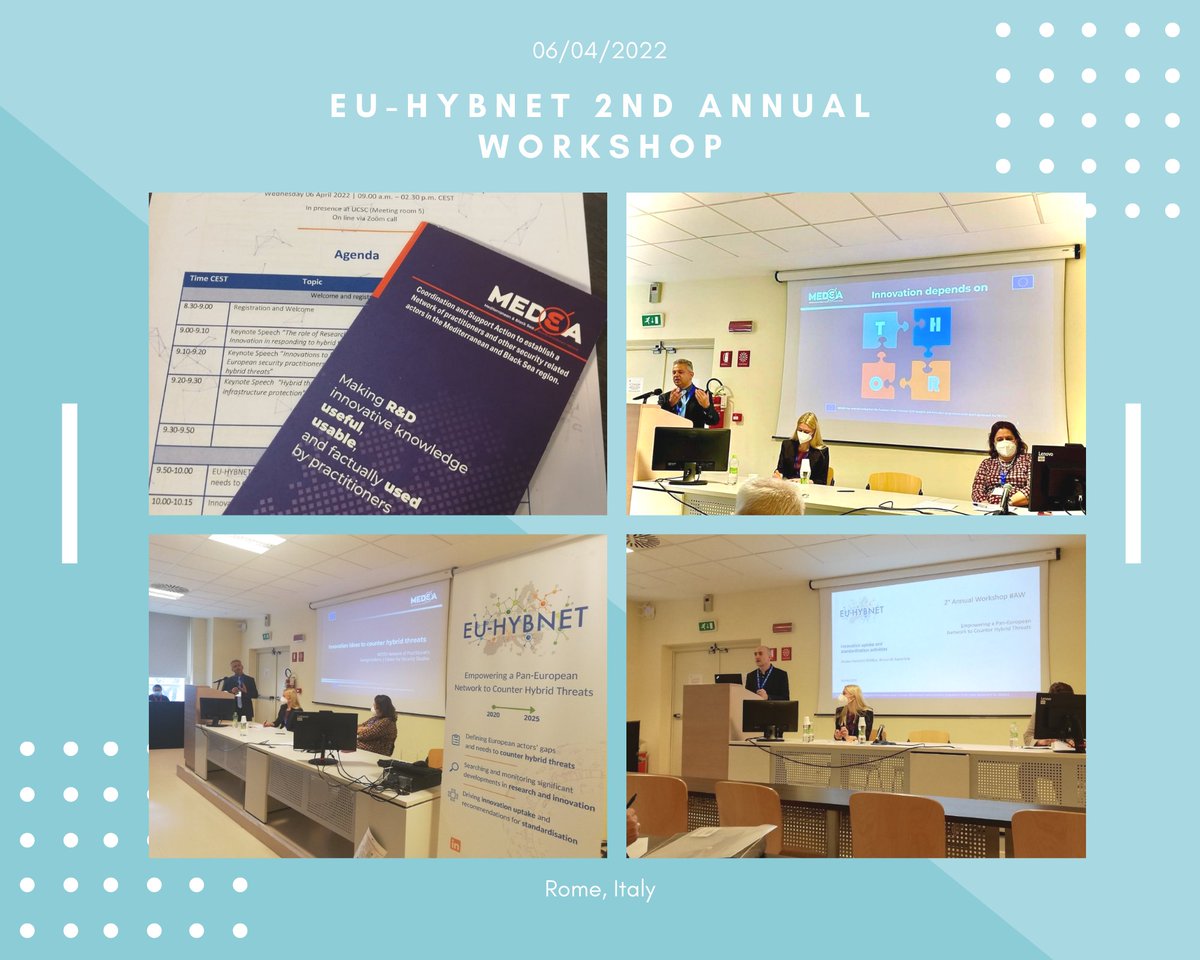 MEDEAProject1's tweet photo. The @MEDEAProject1 participated in the @EuHybnet project's 2nd annual workshop!💡
The project coordinator presented and initiate a fruitful discussion on innovative ideas to counter #hybrid #threats. 
Thank you @EuHybnet for the invitation!📩
#MEDEAprojecteu #EUsecurityResearch https://t.co/jwSKGj0Wuj