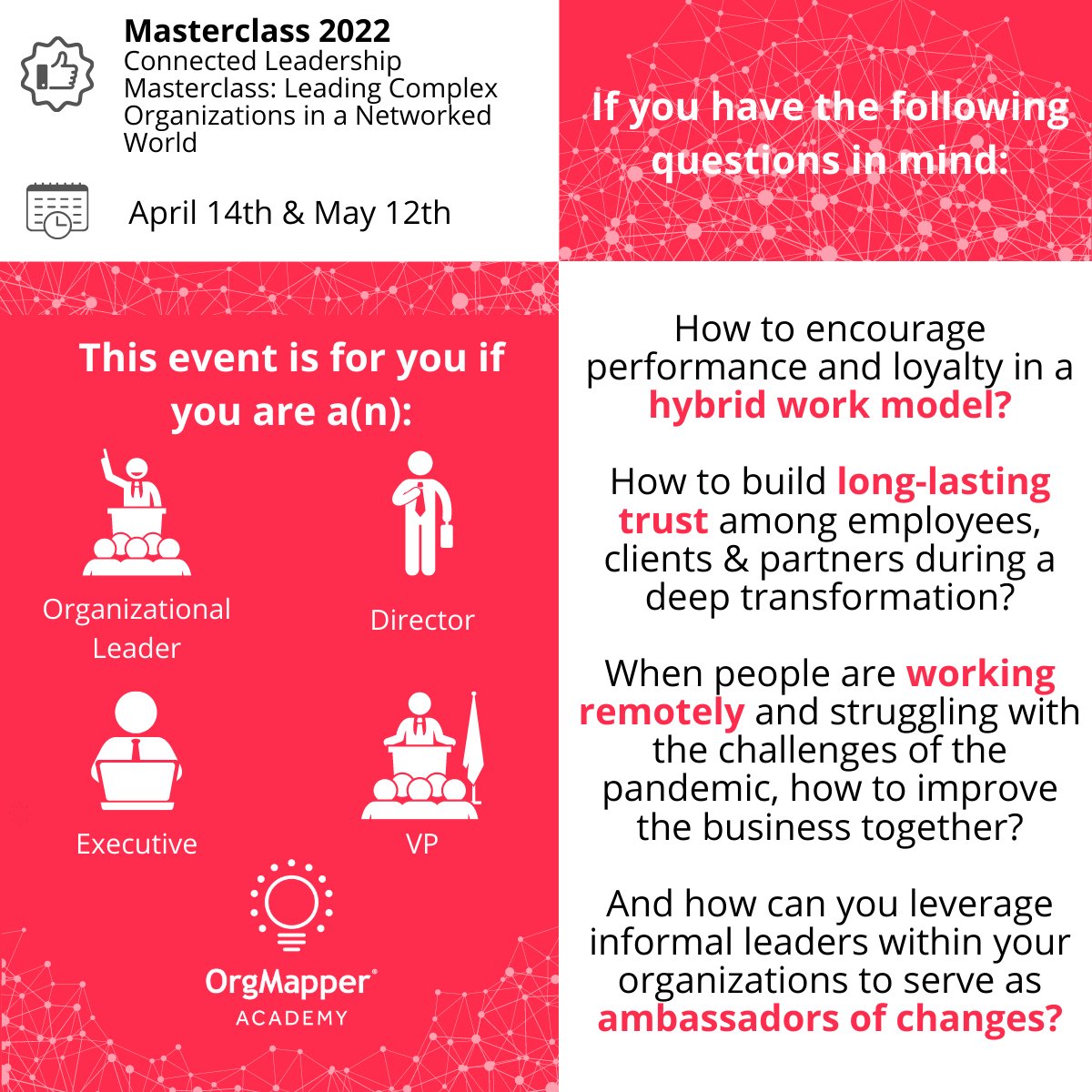 ⏰Our first Masterclass session on Connected Leadership is taking place this Thursday, so do not hesitate to sign up.

👉Reserve your spot: orgmapper.com/event/mastercl…
#datascience #onaprojects #ona #organizationalnetworkanalysis #networkscience #networkanalysis #collaboration