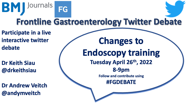 FrontGastro_BMJ's tweet photo. Our next #FGDebate will be discussing the new changes in endoscopy training. Now is your time to get involved, ask questions and discuss the issues that will affect all UK GI trainees.

Our expert panel @andymveitch and @drkeithsiau are going to be answering all of your queries https://t.co/jHX4ebQk3f