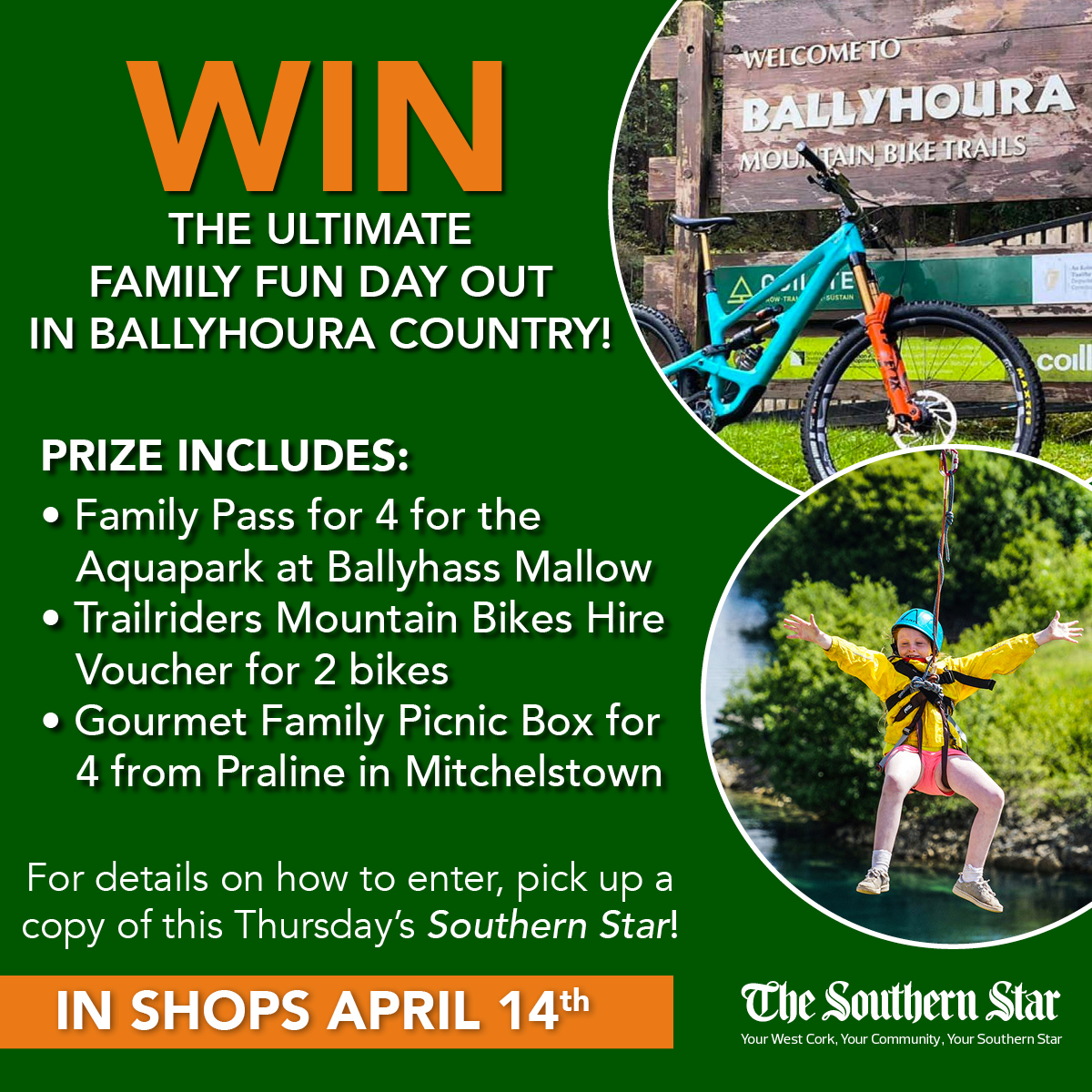 The Southern Star (@southernstarirl) on Twitter photo WIN the ultimate family fun day out in <a href="/Ballyhoura/">Visit Ballyhoura</a> Country! Prize includes:
• Family Pass for 4 for the Aquapark at Ballyhass Mallow
• Trailriders Mountain Bikes Hire Voucher for 2 bikes
To enter, pick up a copy of this week's Southern Star! In shops April 14th WIN the ultimate family fun day out in <a href="/Ballyhoura/">Visit Ballyhoura</a> Country! Prize includes:
• Family Pass for 4 for the Aquapark at Ballyhass Mallow
• Trailriders Mountain Bikes Hire Voucher for 2 bikes
To enter, pick up a copy of this week's Southern Star! In shops April 14th