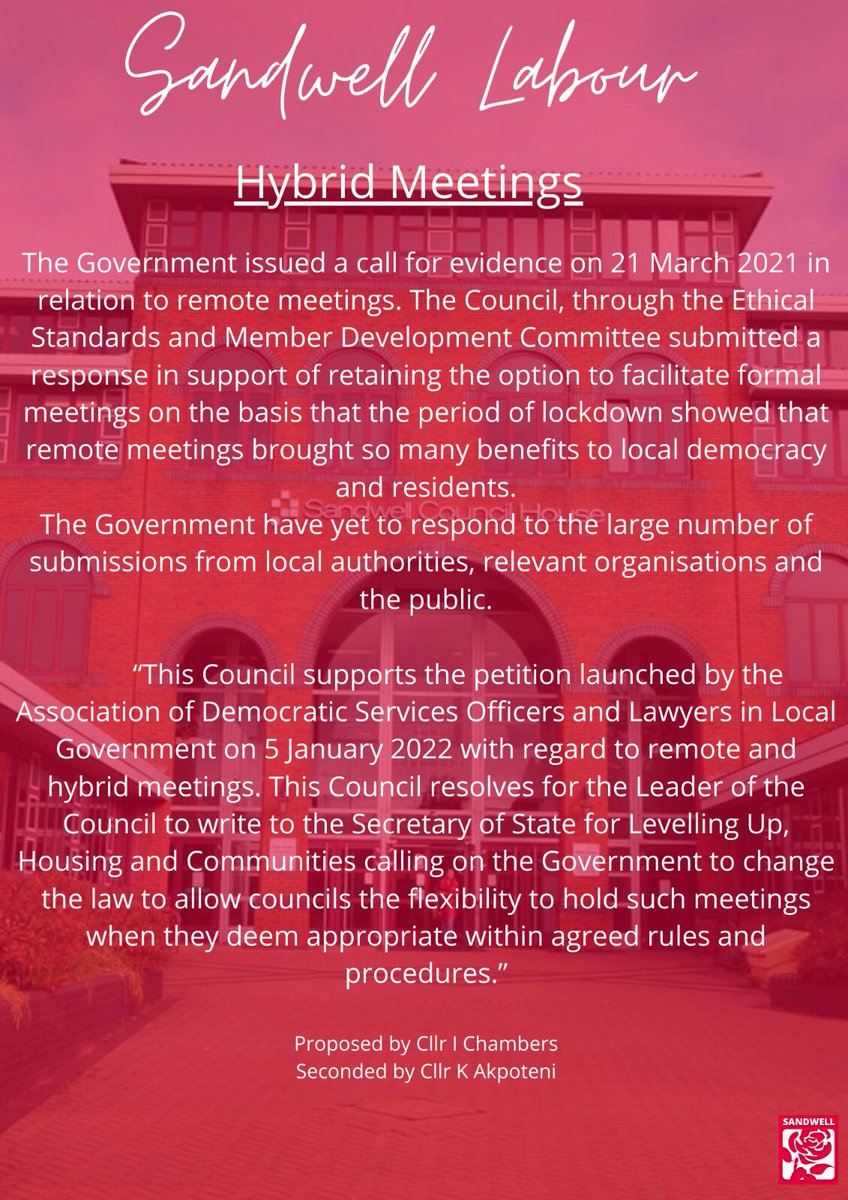 SandwellLabour's tweet photo. Sandwell #Labour will ask Council to agree to write to the Government urging them to allow hybrid and remote meetings when appropriate to ensure that while many are still testing positive for COVID, they are still able to engage. https://t.co/CDhrjnZEep