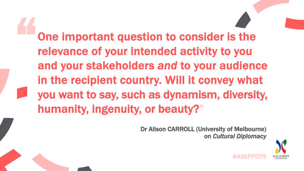 aseforg's tweet photo. Dr Alison CARROLL challenged the #ASEFPDT participants to think strategically when designing their ideal #culturaldiplomacy project or initiative. Things they need to keep in mind:
☑️Identify your goal.
☑️Know your audience.
☑️Understand the why.
☑️Identify your priorities. https://t.co/vx6oTVcOHs