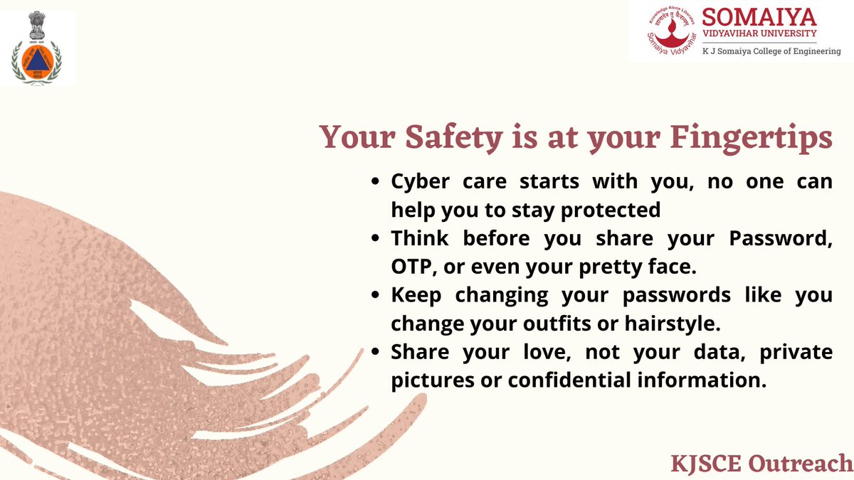 SOCCSA_SVU's tweet photo. Your Fingers are a Protective Shield of yours in the Cyber World, make sure to use them wisely.
#kjsce #cyberworld #cyberawareness #cybercrime #cybersecurity #kjsceoutreach #DataSecurity #cybersecurityengineer https://t.co/GURJYXlhQo