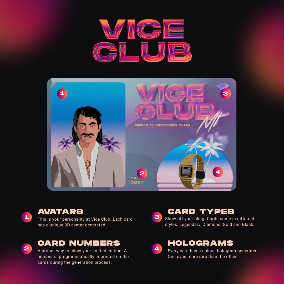 ViceClub_'s tweet photo. 𝗙𝗜𝗥𝗦𝗧 𝗟𝗢𝗢𝗞 - Check out your future Vice Club Card! It contains your own hologram, avatar, engraved ID to show your limited status, and all of this wrapped in either a Legendary, Diamond, Gold or Black style to show off your bling. 👀💎 

#NFT #ViceClub #Teaser https://t.co/2zHqS6QaT4