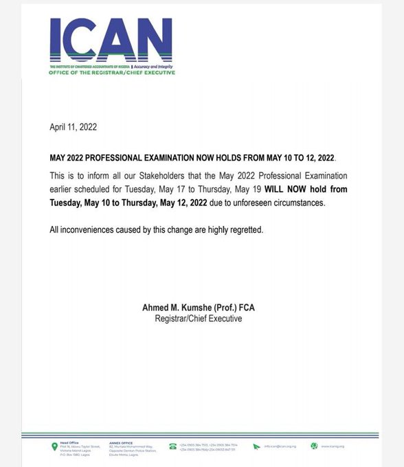 ICAN Professional Examination Date for May Diet 2022