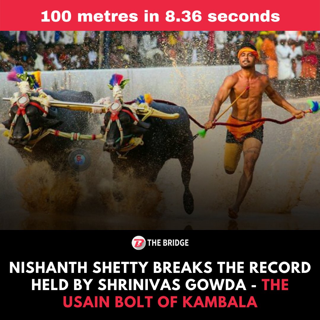 the_bridge_in's tweet photo. 30-year-old Nishanth Shetty has re-written the record held by the 'Usain Bolt of Kambala race' Shrinivas Gowda by covering the 100. mark with his pair of buffaloes in 8.36 seconds during an event in Dakshina Kannada.🔥👏

Gowda had completed the run in 8.78s last year. https://t.co/ozdij2KPKK