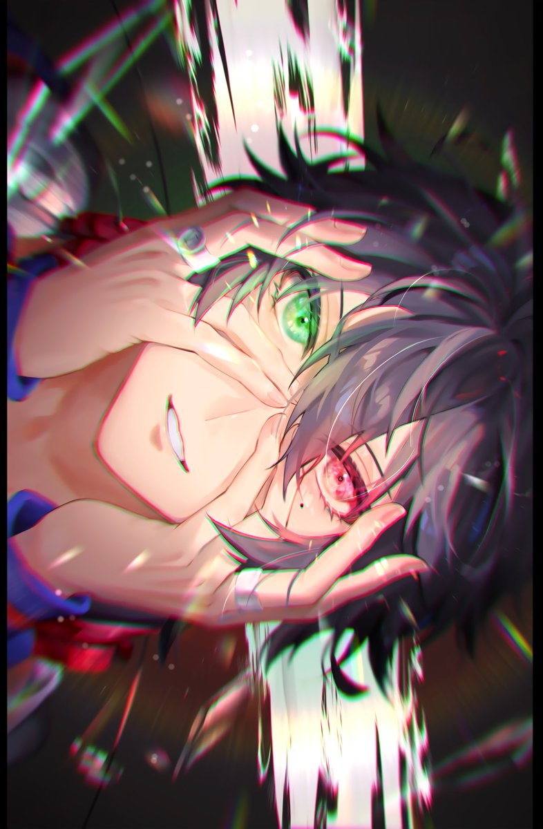 male focus 1boy solo heterochromia looking at viewer black hair green eyes  illustration images