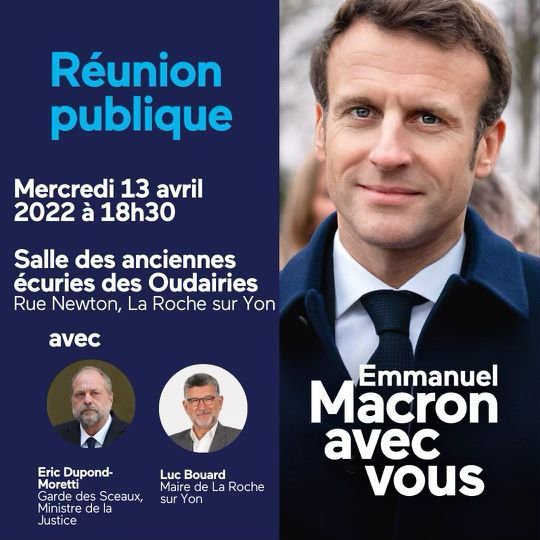 MoDemVendee's tweet photo. 🚨 Demain nous aurons l'honneur et le plaisir d'accueillir le ministre @E_DupondM à @larochesuryonfr.

Avec le maire @Lucbouard, nous vous attendons nombreux dans cette dernière ligne droite.

À demain ! 

#avecvous #Presidentielle2022 #Vendée https://t.co/NZfVVx7p1Q