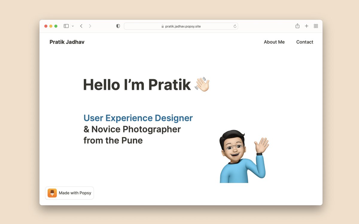 Nice &amp; clean personal site by <a href="/pratik23rj/">Pratik</a> ✨

Powered by Notion &amp; Popsy.

→ pratik.jadhav.popsy.site