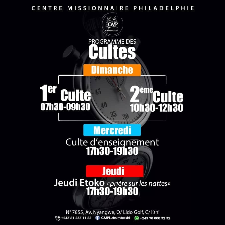 CMPLubumbashi's tweet photo. Shalom Peuple de Dieu.

Bienvenus dans la maison de Dieu au Centre Missionnaire Philadelphie Lubumbashi.

Nous nous réunissons le Mercredi, le Jeudi et le Dimanche, et nous avons aussi des cultes matinaux du Lundi au Vendredi de 6h00 à 7h00.

#EgliseCMP #CMPLubumbashi #RDC #DRC https://t.co/LjdNCkIx4i