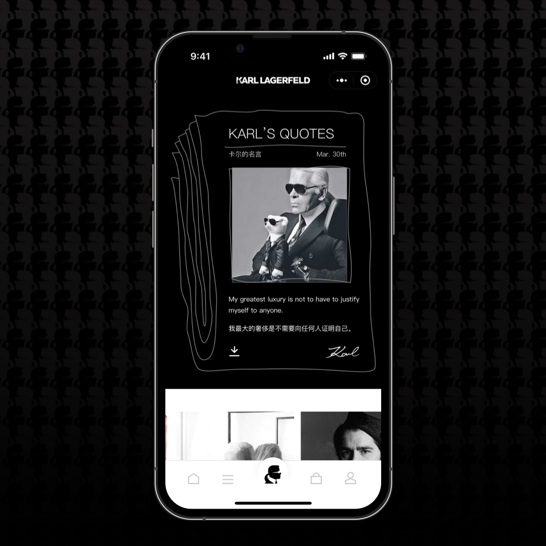 FxLabChina's tweet image. The #WeChatMiniProgram uses #KarlLagerfeld’s favorite black-and-white colorway, with the Kameo logo and his signature decorated. The brand awareness module integrates Mr. Lagerfeld’s biography, quotes and sketches, giving users a memory palace to thoroughly explore #Karlism.
