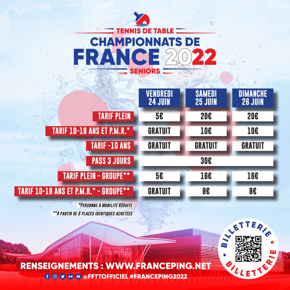 ffttofficiel's tweet image. 🎫 La billetterie pour les 𝗖𝗵𝗮𝗺𝗽𝗶𝗼𝗻𝗻𝗮𝘁𝘀 𝗱𝗲 𝗙𝗿𝗮𝗻𝗰𝗲 𝘀𝗲𝗻𝗶𝗼𝗿𝘀 𝟮𝟬𝟮𝟮 ouvre ce 𝗷𝗲𝘂𝗱𝗶 𝟭𝟰 𝗮𝘃𝗿𝗶𝗹 à partir de 𝟭𝟬𝗵 ! 🤩 
Vous pouvez d’ores et déjà consulter les tarifs 👇

Plus d'infos 👉 bit.ly/FFTT_ChFrS_Bill