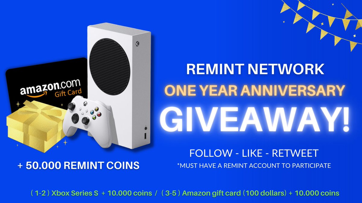 Remint49's tweet photo. Remint Giveaway!
Rules: Follow,Like &amp; Retweet.
Prizes:
1. Xbox series S (1st &amp; 2nd)
2. 100$ Amazon gift card
3. 100$ Amazon gift card
4. 100$ Amazon gift card
All 5 winners will receive 10K Remint coins each
Winners will be drawn on April 30
https://t.co/6Q1WBzccZm
Code:VP8WVW77 https://t.co/7rZBzShJd4