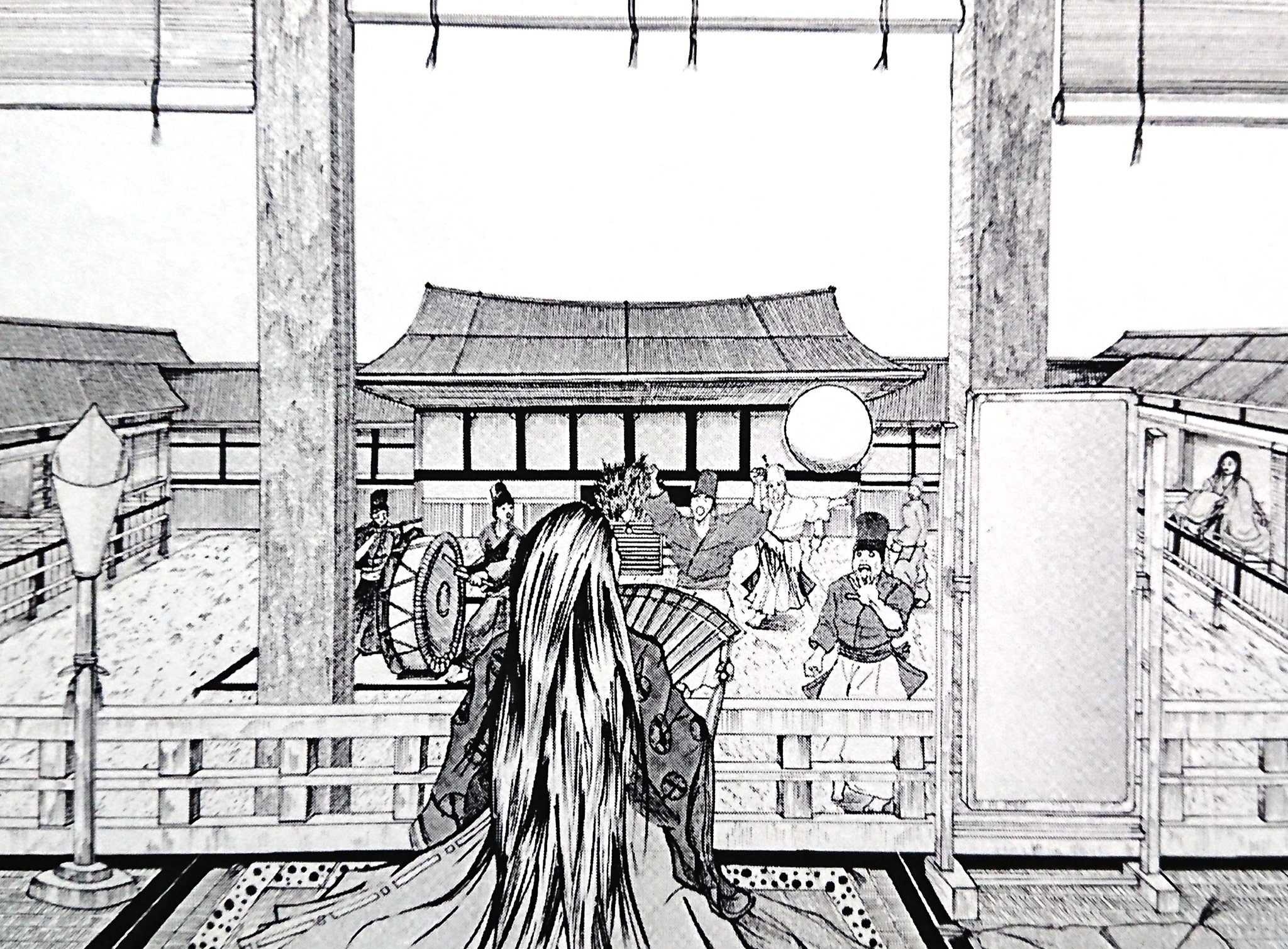 小林寛和 平安時代の背景 家来たちの蹴鞠が姫に飛んできております イラスト 絵 ペン画 平安時代 姫 けまり 白黒 風景 背景 T Co I0xu4rfgt5 Twitter