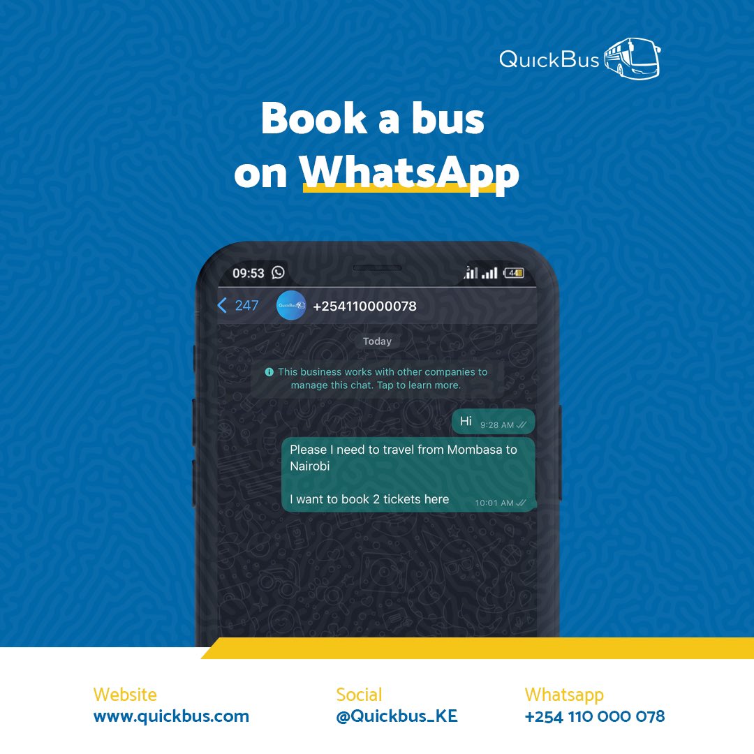 You can book a bus ticket on WhatsApp with QuickBus!💃
Send a message to +254 110 000078 and a representative will attend to you.
#QuickBus