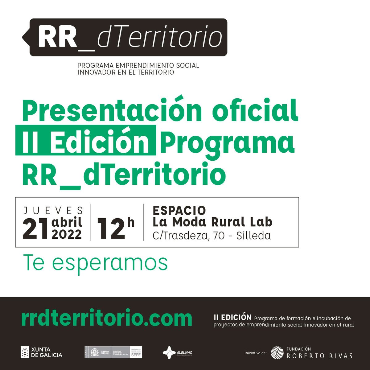 rr_fundacion's tweet image. ¿Quieres saber más sobre la nueva convocatoria que acabamos de lanzar de nuestro programa #RR_dTerritorio?

📅 ¡Pásate por #Silleda el próximo día 21 y te lo contamos en directo!

Además será tu oportunidad de visitar el nuevo espacio de la Fundación, #LaModaRuralLab.

(sigue)