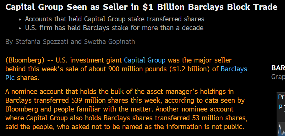 PaulJDavies's tweet photo. #CapitalGroup, a huge but frustratingly quiet money manager, is taking a decisive turn against European banks: They seem to have sold #Deutsche and #Commerz stock worth $1.9bn not long after dumping $900m of #Barclays. Would *love* to know why! https://t.co/zQTv9T5q4t https://t.co/Y5W7NiyqBc