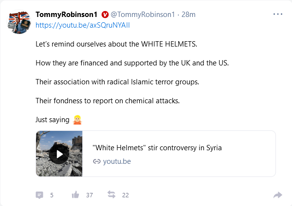 TellMamaUK's tweet photo. Grotesque to see Stephen Yaxley-Lennon (aka Tommy Robinson) smearing the White Helmets with anti-Muslim and Islamophobic tropes. https://t.co/ByV0psJSZQ
