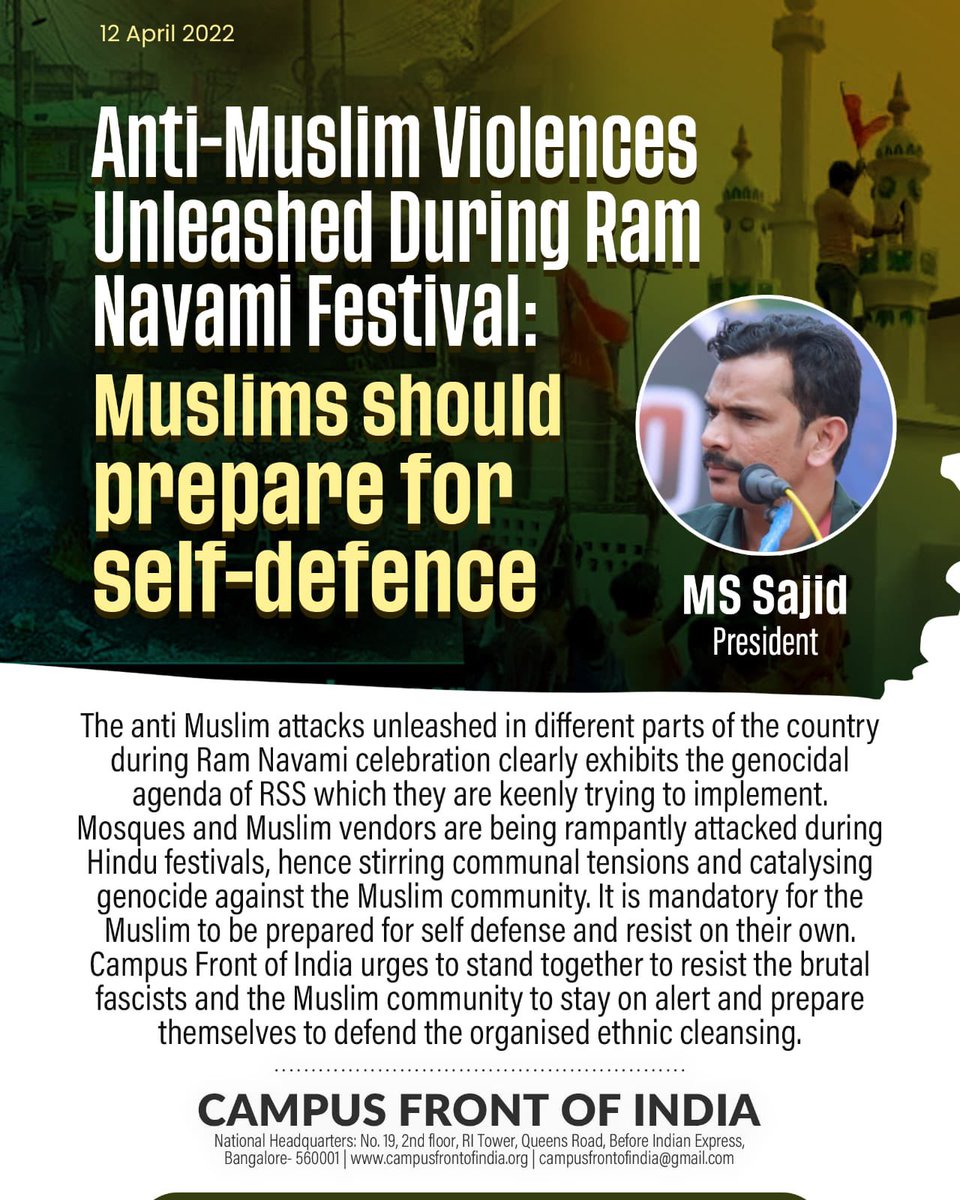 CampusFrontInd's tweet photo. Press Release

Anti-Muslim Violences Unleashed During Ram Navami Festival: 
Muslims should prepare for self-defence 

Ms Sajid 
President Campus Front of India https://t.co/J7NZ5NAfHk