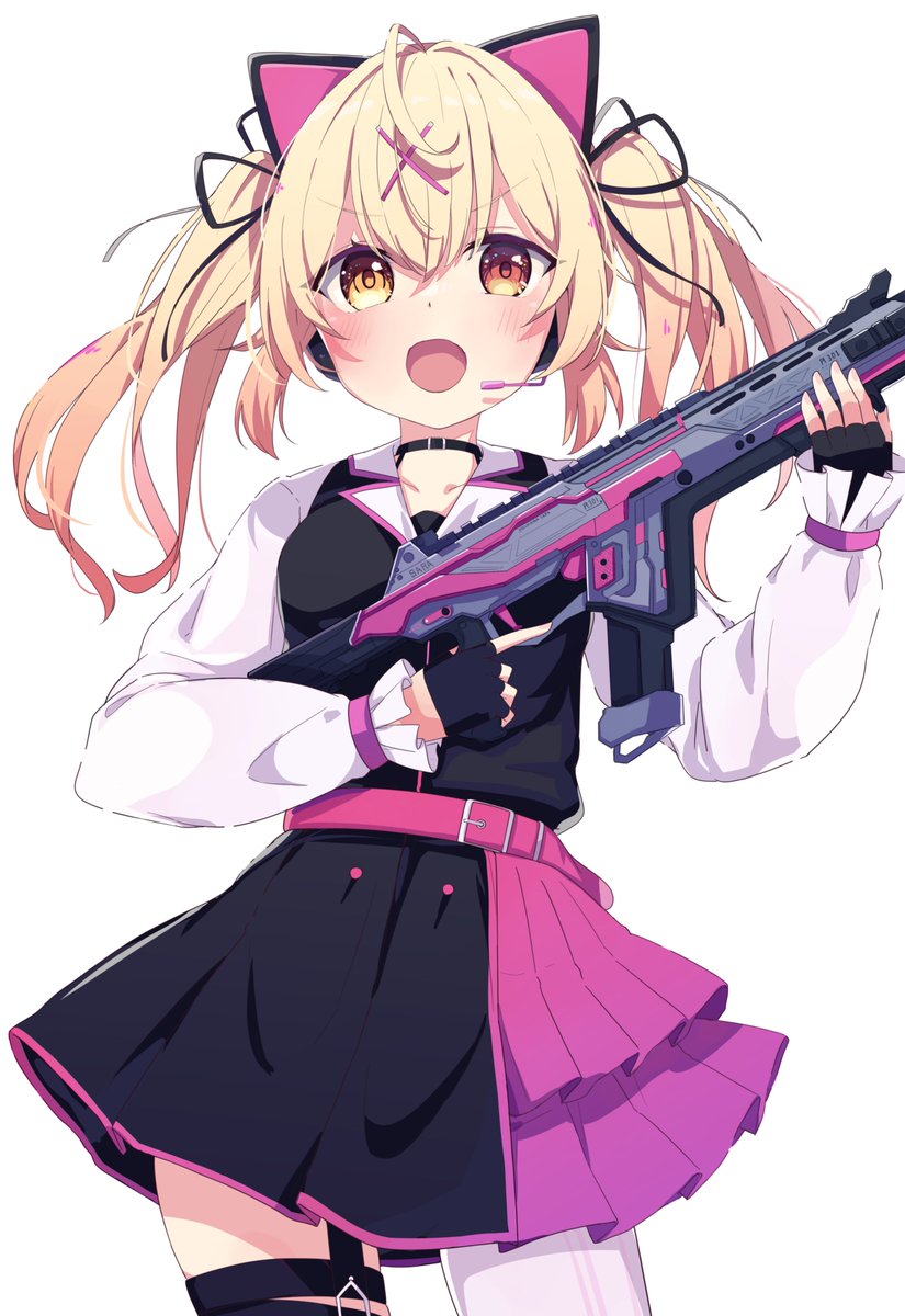 hoshikawa sara 1girl solo blonde hair holding x hair ornament gun holding weapon  illustration images