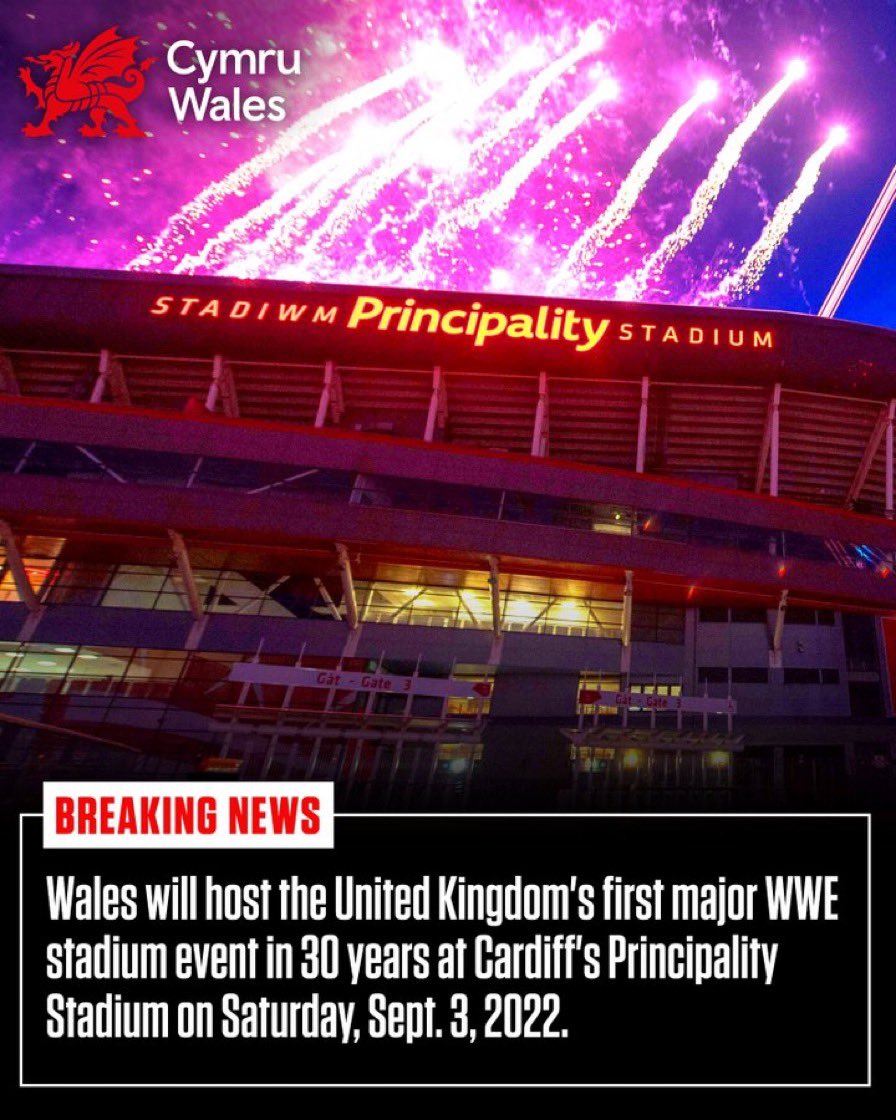 WrestlingRide's tweet photo. 📰 | بعد غياب أكثر من 30 عامًا عن المملكة المتحدة

ويلز تستضيف أحد أضخم أحداث WWE في ملعب الألفية في كارديف
 
• يقام الحدث الضخم مساء السبت 3 سبتمبر 2022 https://t.co/nIWFWYLFLC
