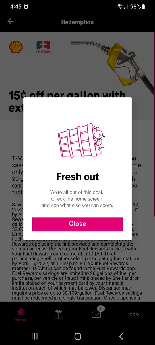 Dgusta99's tweet photo. @TMobile @FuelRewards what the hell. How can it be out already. T-mobile Tuesday has gotten bad. https://t.co/G6JNYmb2UV