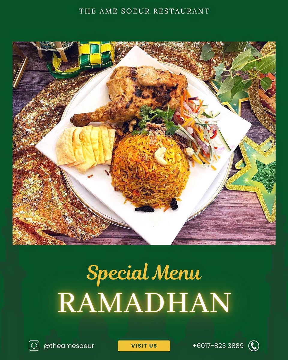 theamesoeur's tweet photo. Ramadan special set menu. 

Celebrate the traditional of the holly month of Ramadan with your family and friends at The Ame Soeur.

Ramadan Set Menu 
* Mediterranean Lamb Shank
* Beef Minang Rendang Pasta
* Chicken Percik Pasta

Reserve your table now at 017-8233889 https://t.co/SGoLT7FpEZ