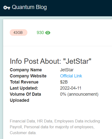 stealthmole_int's tweet photo. [ALERT] Quantum gang has announced "JetStar" on the victim list. https://t.co/81S2s5DbXa