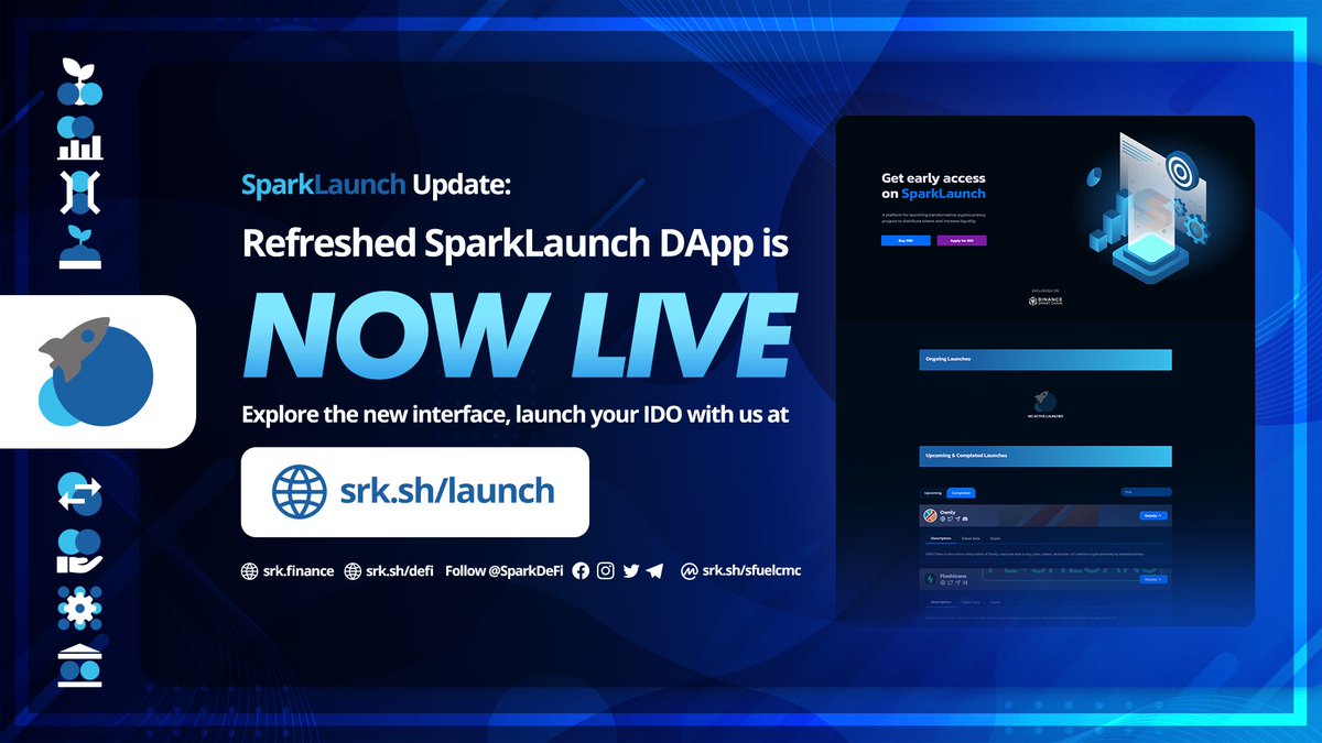 sparkpointio's tweet image. The improved #SparkLaunch DApp is ready to ignite your project! Explore the new interface and navigate easily. 🚀🔗 srk.sh/launch
 
Any plans on launching your #IDO? Let's do it on SparkLaunch! Send your application here: srk.sh/IDO
 
#SparkPoint #SparkDeFi