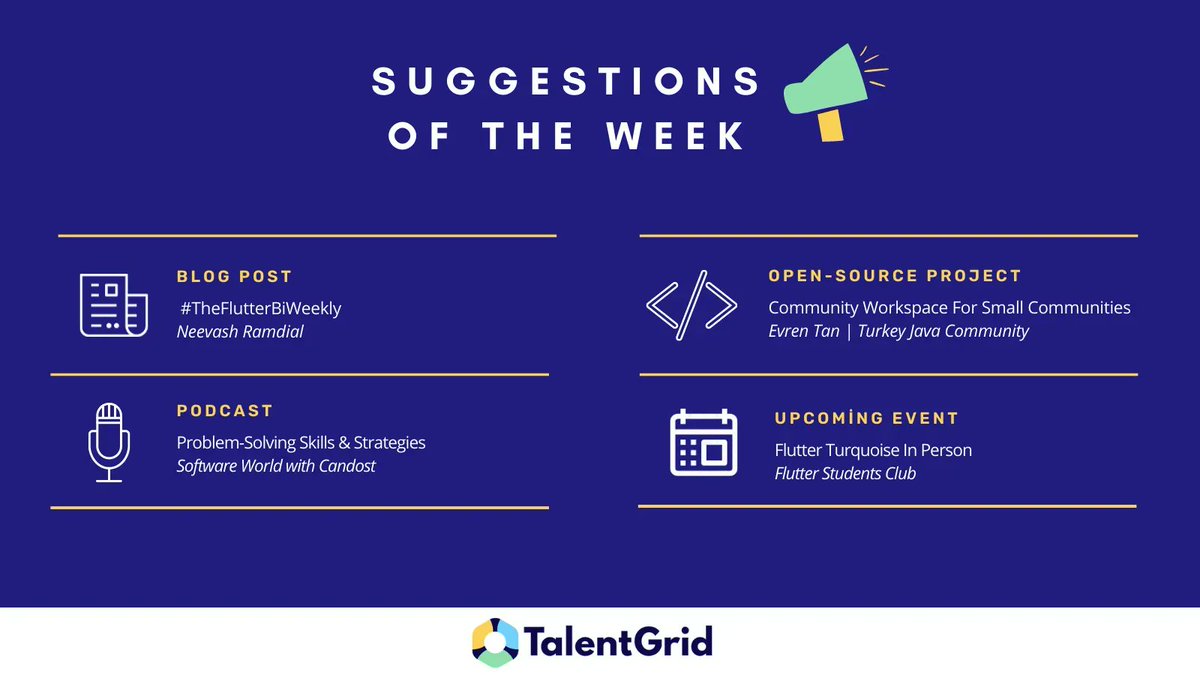 Haftanızın harika geçmesini sağlayacak TalentGrid önerileri sizinle 🎉

✍️Blog: buff.ly/37HmZwb
@Nash0x7E2

🎙️Podcast: buff.ly/37cOSMT
@candosten

💻Açık-kaynak projesi: buff.ly/38yDQBQ
@evrn_tan

🗓️Etkinlik: buff.ly/37KRqC0
@Flutterstudents