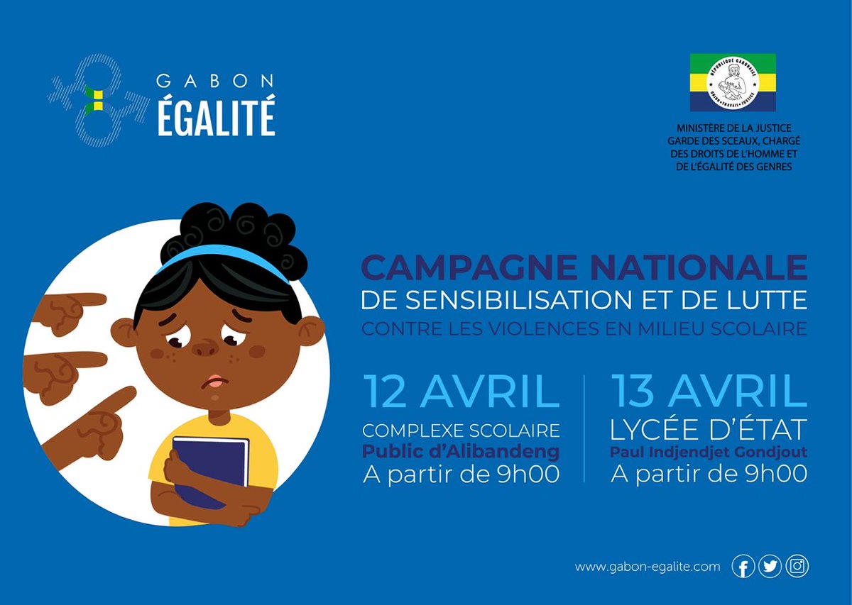 Les 12 et 13 avril 2022, le Ministère de l'Éducation Nationale et le Ministère de la Justice organisent le lancement de la campagne nationale de sensibilisation et de lutte contre les violences en milieu scolaire.

#PourNosEnfants #GabonÉgalité #Éducation