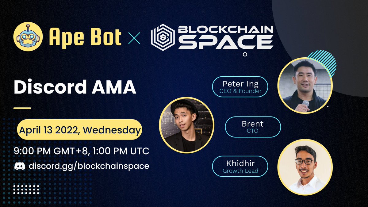 apebotxyz's tweet photo. #ApeBot's AMA with @Blockchain_SPC will be happening tomorrow 

🗓 13 April, 9PM SGT (1PM UTC)
📍Come join us: https://t.co/IlE0R34MjU

See you there! 😄 https://t.co/L30Sky8o3o