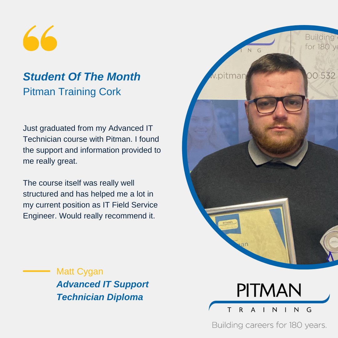 PitmanTrainCork's tweet photo. ** CONGRATULATIONS ** to our March student of the month  Matt Cygan!

Matt is studying our Advanced IT Support Technician Diploma.

#trainingcourse #blendedlearning #IT  #techtraining #advanceditsupport #cork #corkeducation #pitmantraining #pitmantrainingcork #corkcity #sotm https://t.co/3EE7LtF6f0