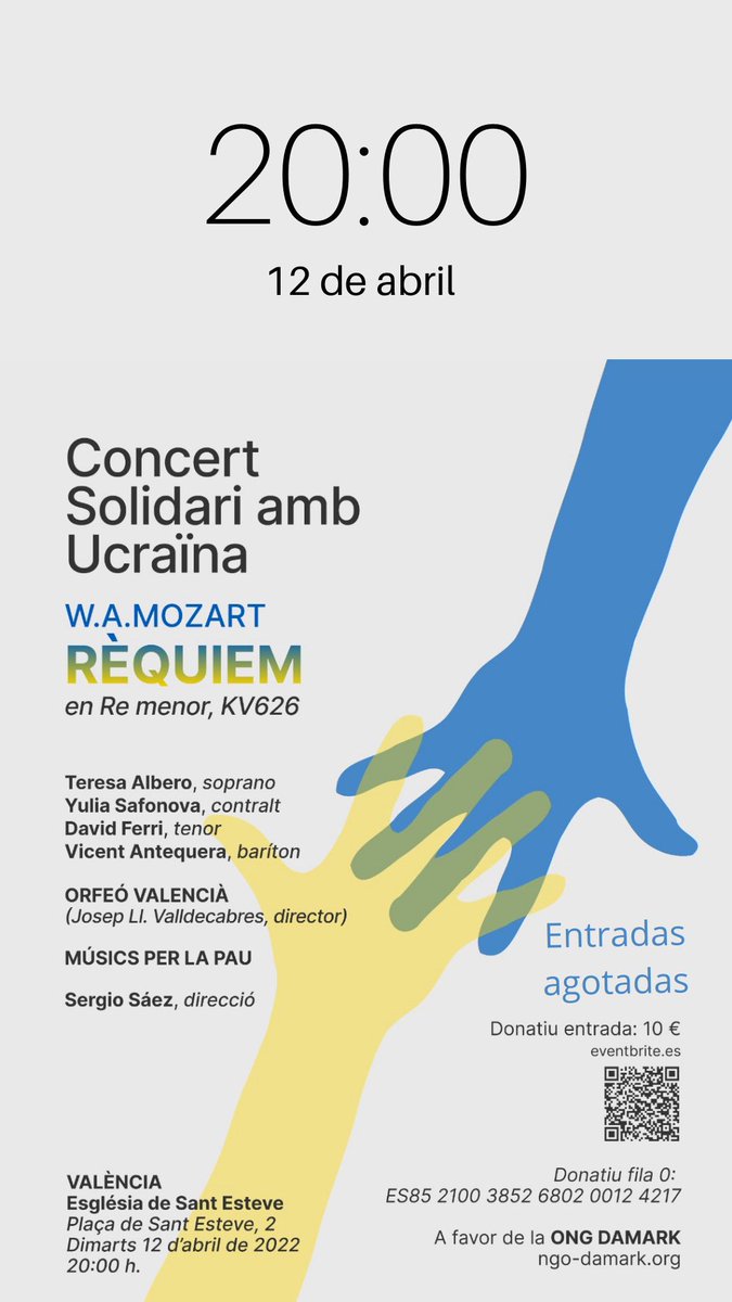 OrfeoValencia's tweet photo. #Requiem de Mozart en Solidaritat per #Ucraïna Si t'has quedat sense entrada, pots gaudir de STREAMING en directe a 20h https://t.co/dc1arN5R8s
Donatius a la fila 0 ES85 2100 3852 6802 0012 4217 https://t.co/NjmC9RwToG