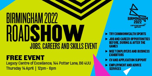 Birmingham 2022 (@birminghamcg22) on Twitter photo Searching for a new role? Want to boost your skills and meet prospective employers?
Our next #B2022 roadshow focuses on job opportunities before, during and after the Games. There's also an opportunity to try out Commonwealth sports!
Join us on Thursday at <a href="/thelegacycoe/">The Legacy Centre of Excellence</a>! Searching for a new role? Want to boost your skills and meet prospective employers?
Our next #B2022 roadshow focuses on job opportunities before, during and after the Games. There's also an opportunity to try out Commonwealth sports!
Join us on Thursday at <a href="/thelegacycoe/">The Legacy Centre of Excellence</a>!
