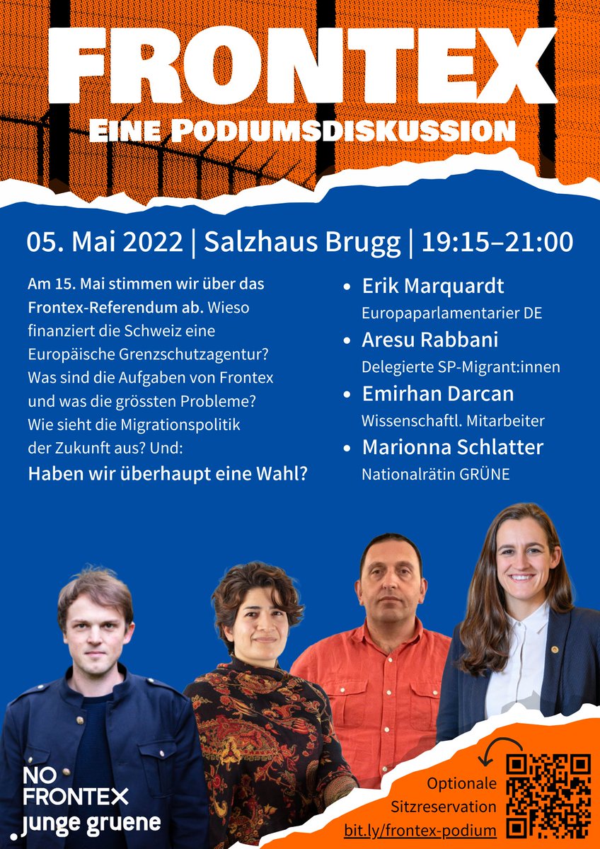 Last Call: Heute Abend diskutiere ich im Salzhaus Brugg über Frontex. Mit dabei: EU-Parlamentarier @ErikMarquardt. Die Veranstaltung ist öffentlich. @FrontexNein @NoFrontex https://t.co/pYlzpHr8EP