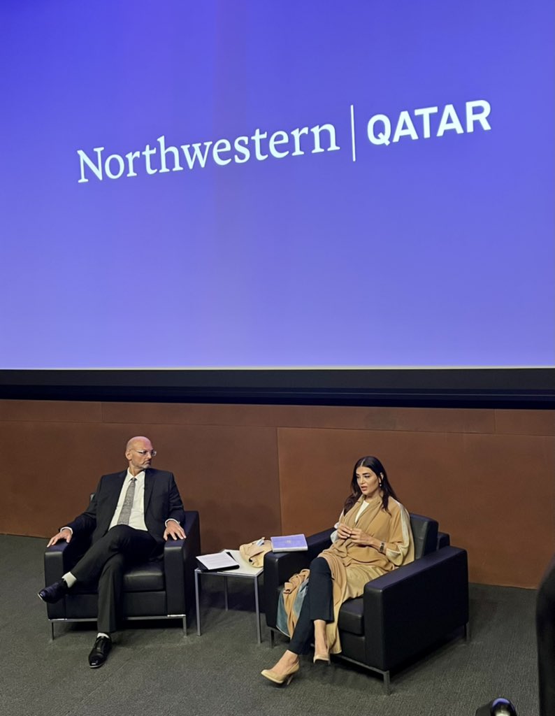 NUQatar's tweet photo. Happening now: Dean Amal Al Malik of @HBKU in a conversation with Dean @MKraidy at the annual Dean's Global Forum. https://t.co/nQcywQpuaK