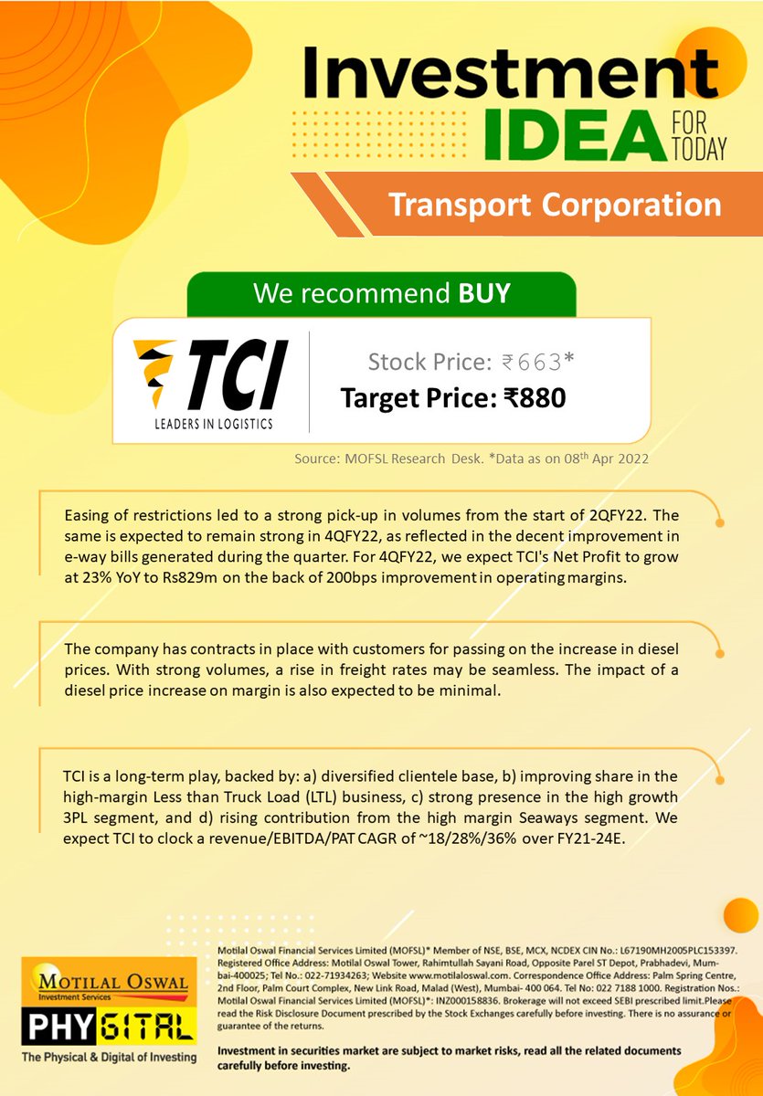 sidd_khemka's tweet photo. #MotilalOswal #InvestmentIdea #MidCapIdea #TCI volumes expected to remain strong in 4QFY22. Net Profit to grow at 23%. Impact of diesel price rise is expected to be minimal as co has contracts with price pass on clause. @MotilalOswalLtd @hemangjani9
@tapariachandan https://t.co/HfzHz08w3H